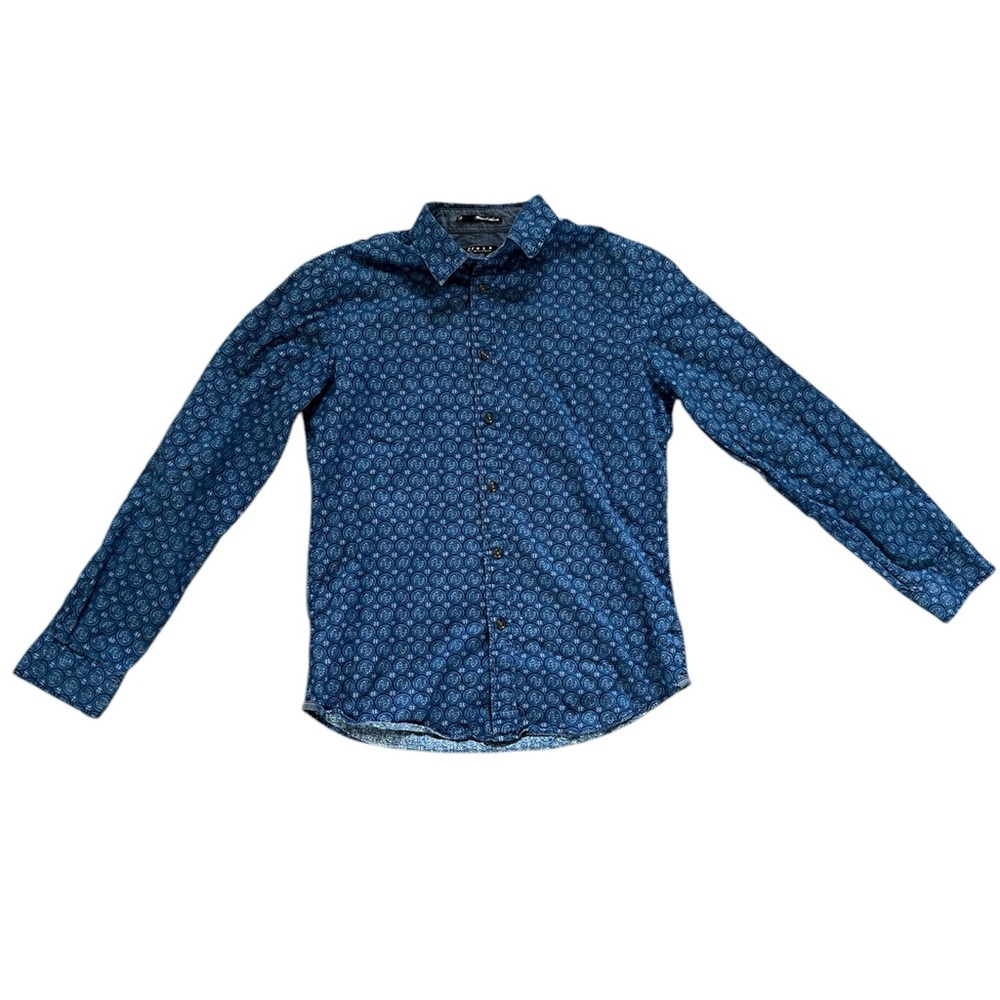 21Men Blue Geometric Patterned Fitted Button Up Shirt Size Medium